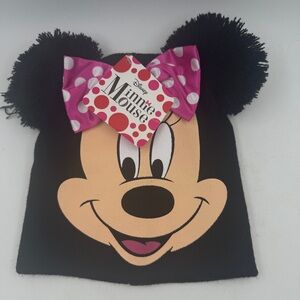 Disney Minnie Mouse Girls Pom Pom Winter Hat and Mittens Set Black Pink Dot NWT